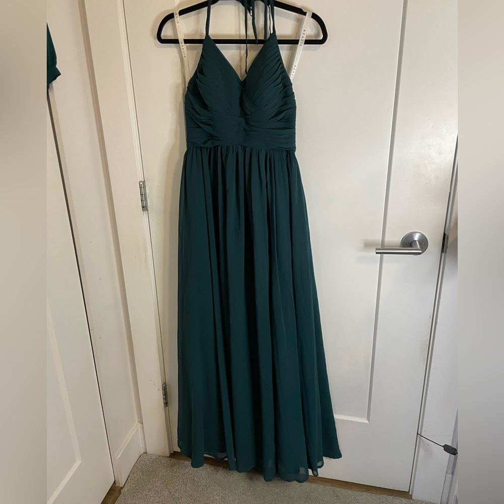 Azazie Deep Green Chiffon V-Neck Spaghetti Strap Gown